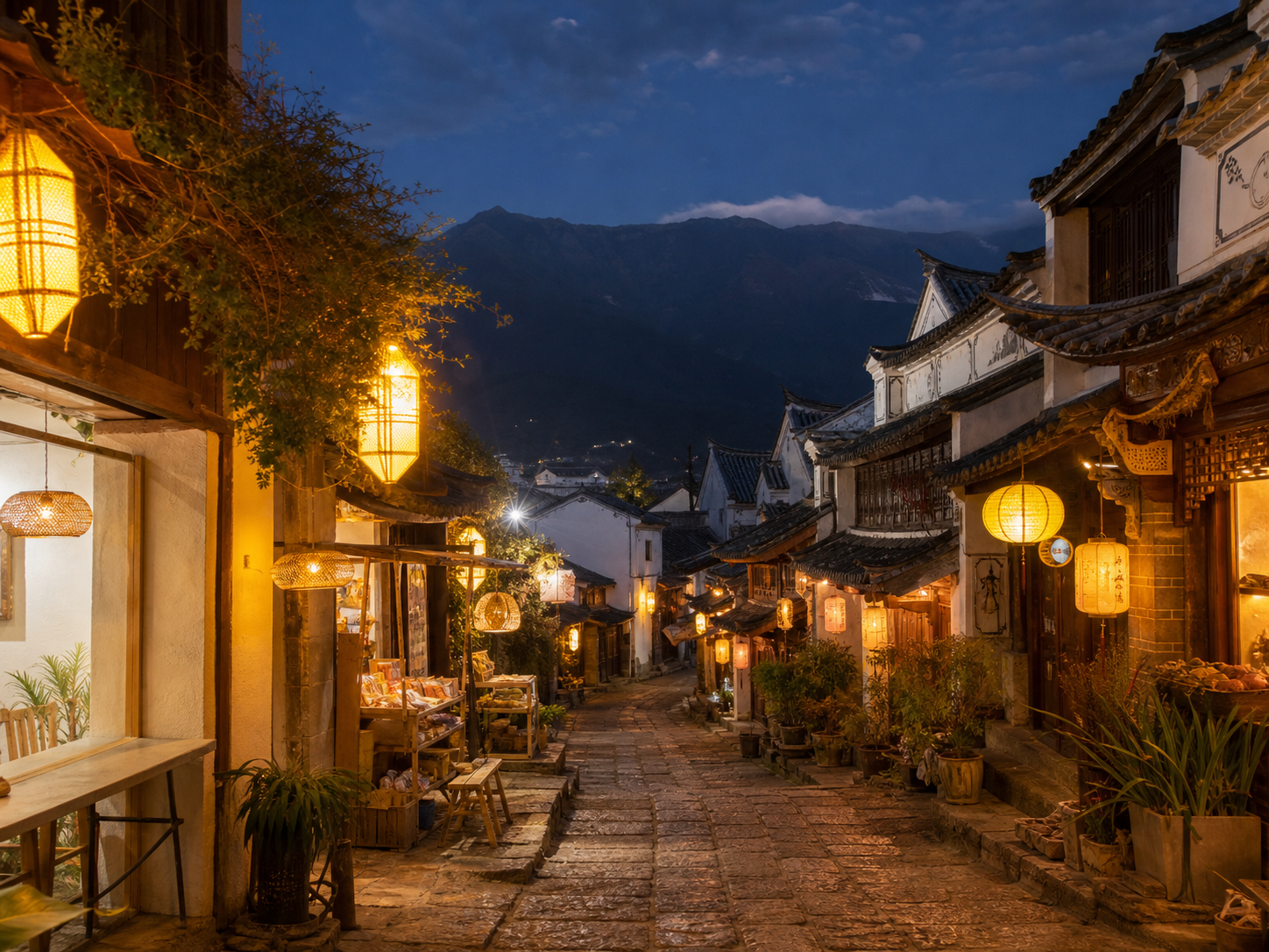 大理古城夜晚白族街巷和苍山氛围