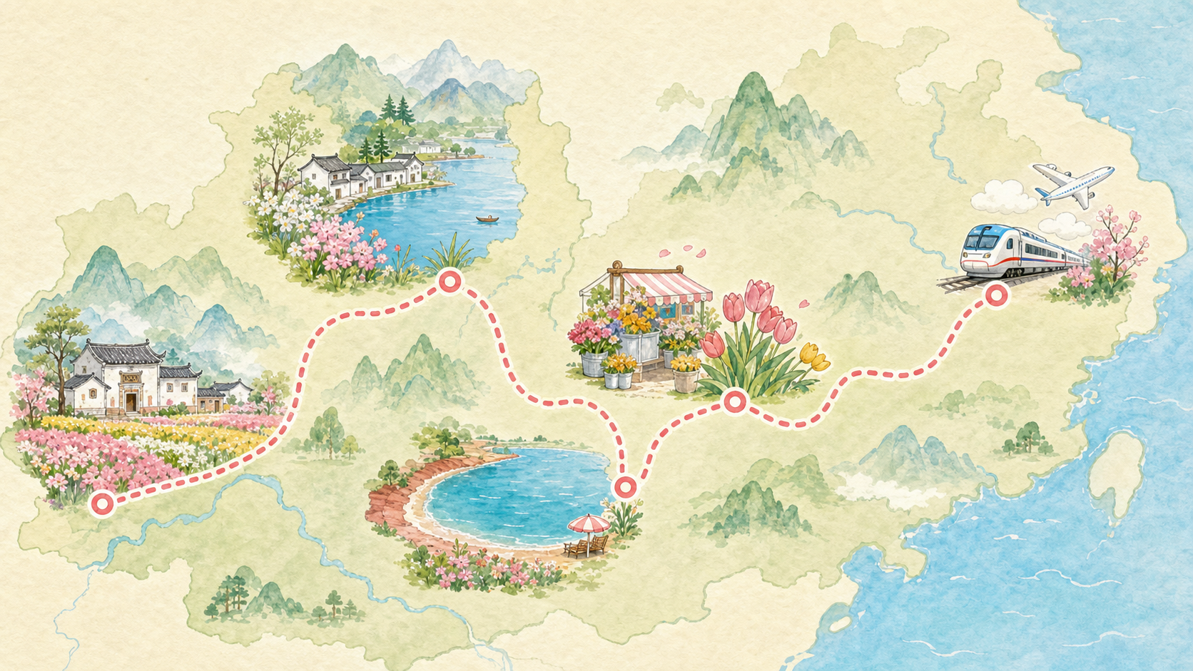 赣州出发云南七日路线卡通手绘地图